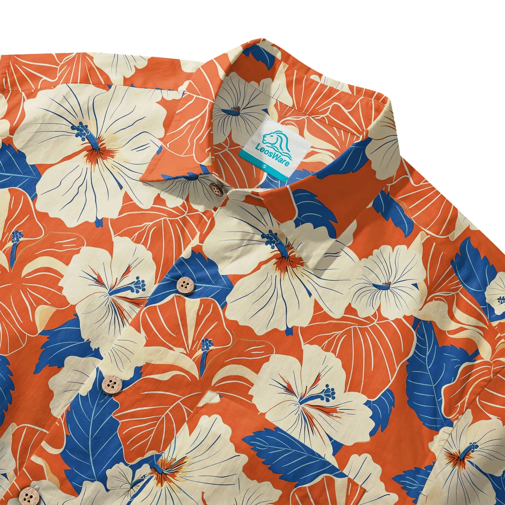 LeosWare® Men's Hawaiian Shirt Short Sleeve Button-up 100% Cotton Orange Aloha Orange Blue Hibiscus Whispers By Ann