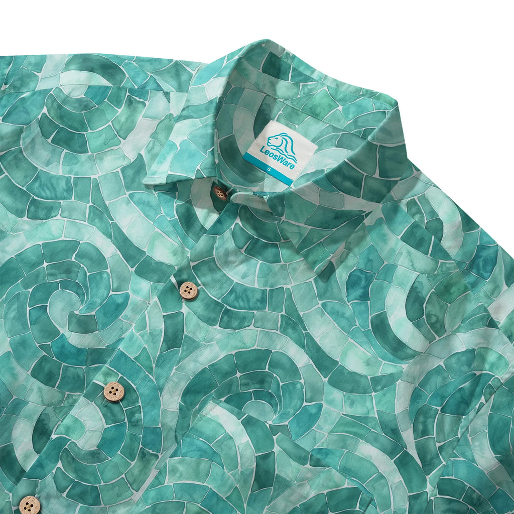 LeosWare® Men's Hawaiian Shirt Short Sleeve Button-up 100% Cotton Green Aloha Azure Seashell Whispers By Ann