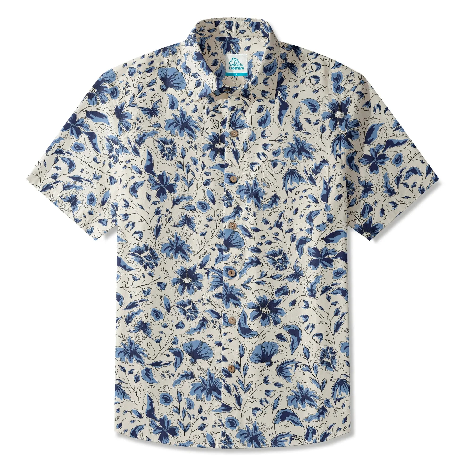 LeosWare® Men's Hawaiian Shirt Short Sleeve Button-up 100% Cotton Blue Aloha Indigo Blooms By Huan huan