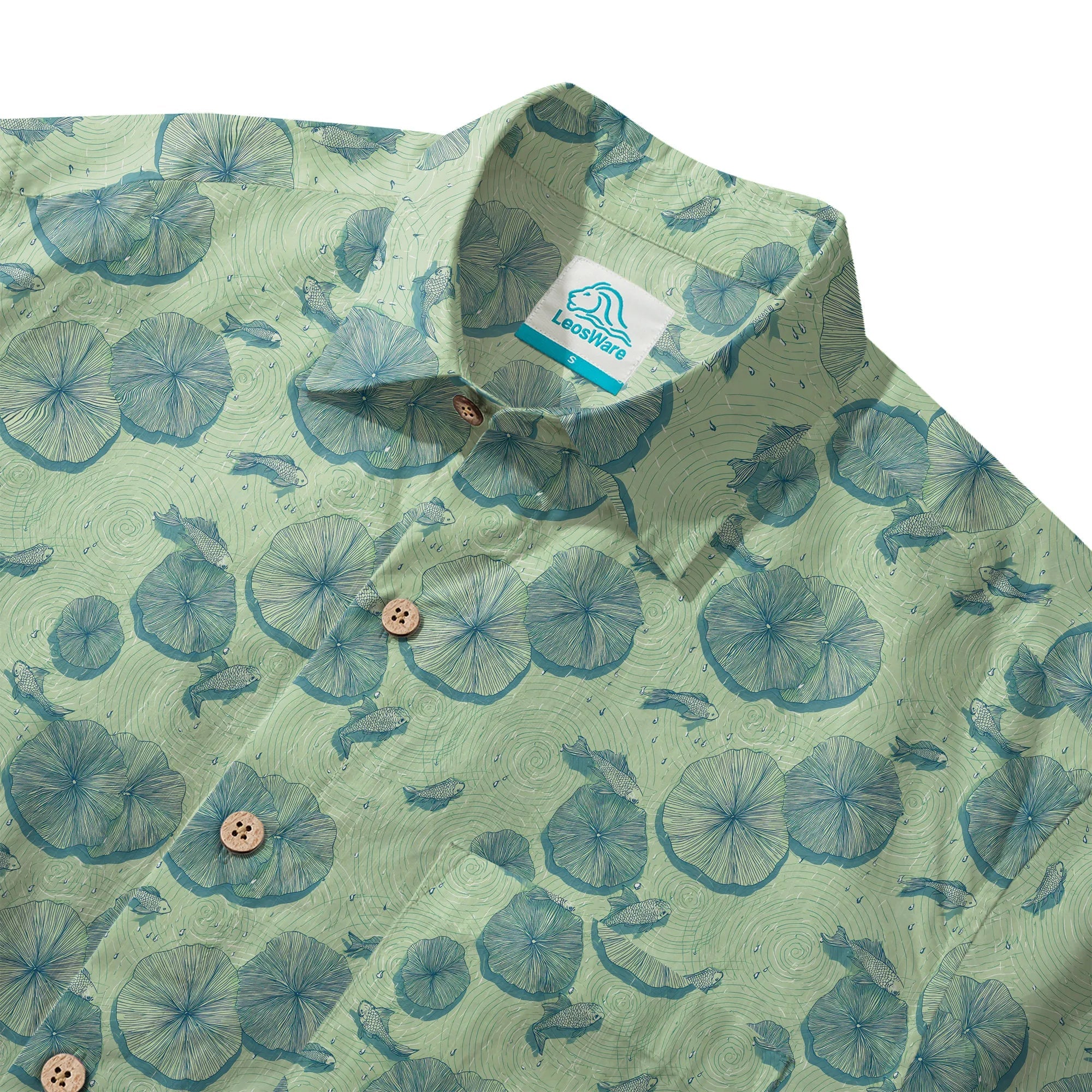 LeosWare® Chemise Hawaïenne pour Homme à Manches Courtes Boutonnée 100% Coton Vert Aloha Étang de Lotus en Début d'Été Par Ann