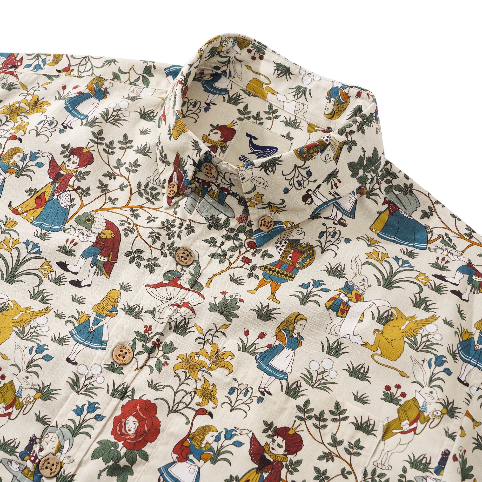 Men's Hawaiian Shirt Short Sleeve Button-down 100% Cotton Beige Aloha Alice's Wonderland By Zeke