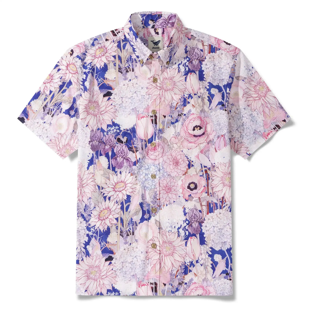 Men's Hawaiian Shirt Short Sleeve Button-down 100% Cotton Blue Aloha Hidden Garden By Huan huan