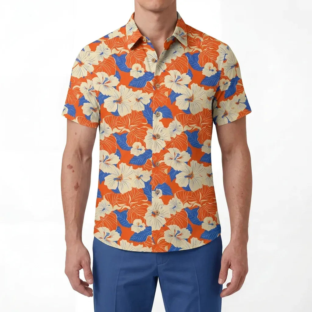 LeosWare® Men's Hawaiian Shirt Short Sleeve Button-up 100% Cotton Orange Aloha Orange Blue Hibiscus Whispers By Ann