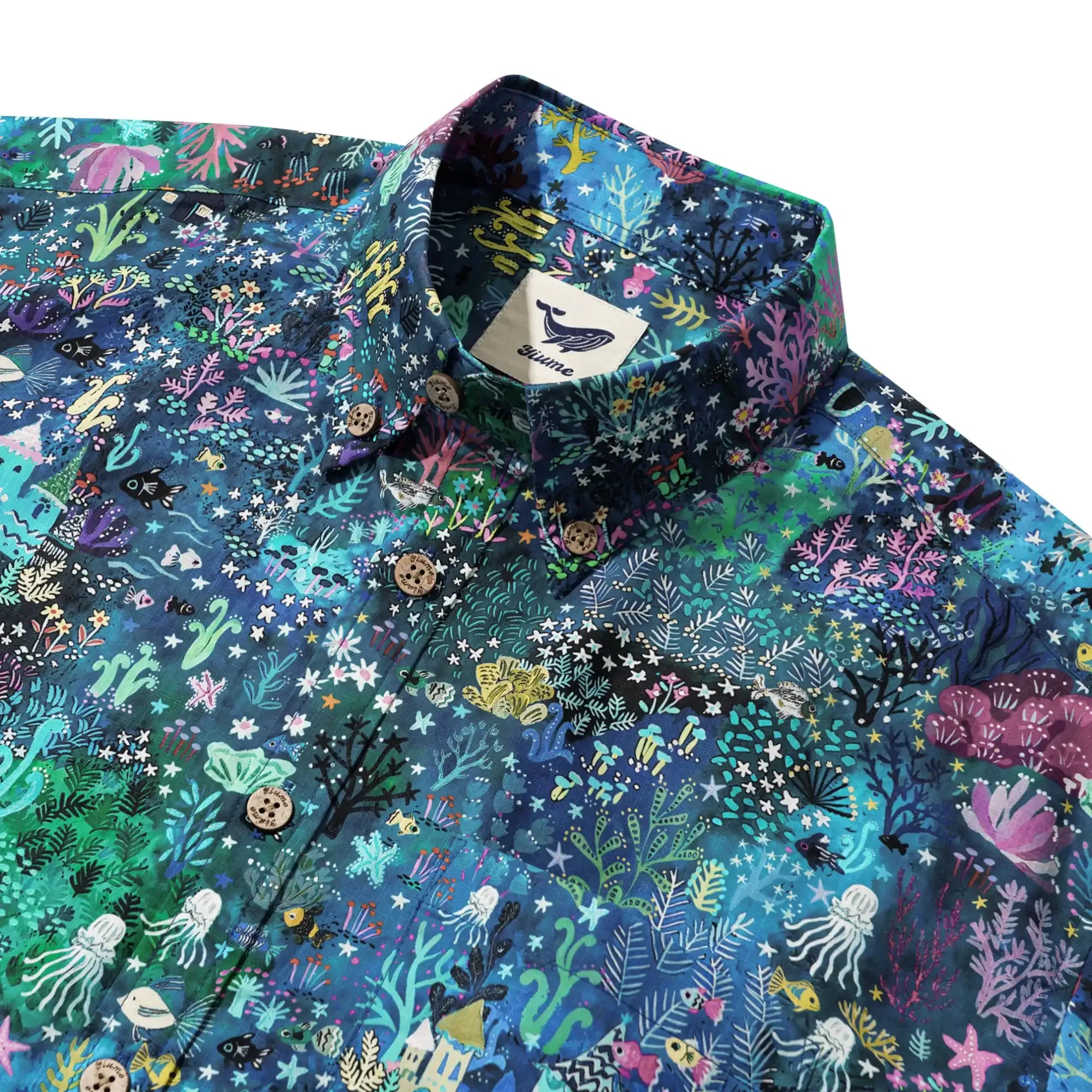 Men's Hawaiian Shirt Short Sleeve Button-down 100% Cotton Blue Aloha Enchanted Underwater World By Mo
