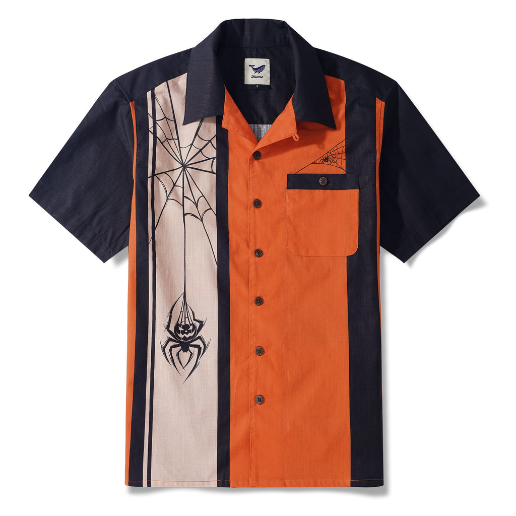 Men's Hawaiian Bowling Shirt Short Sleeve Halloween Camp Collar 100% Cotton Spider Pumpkin Lantern Shirt By Zeke