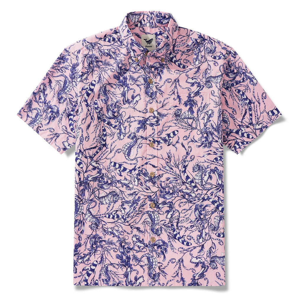 Men's Hawaiian Shirt Short Sleeve Button-down 100% Cotton Aloha Pink Oasis  By Feanne Pink Oasis By Feanne