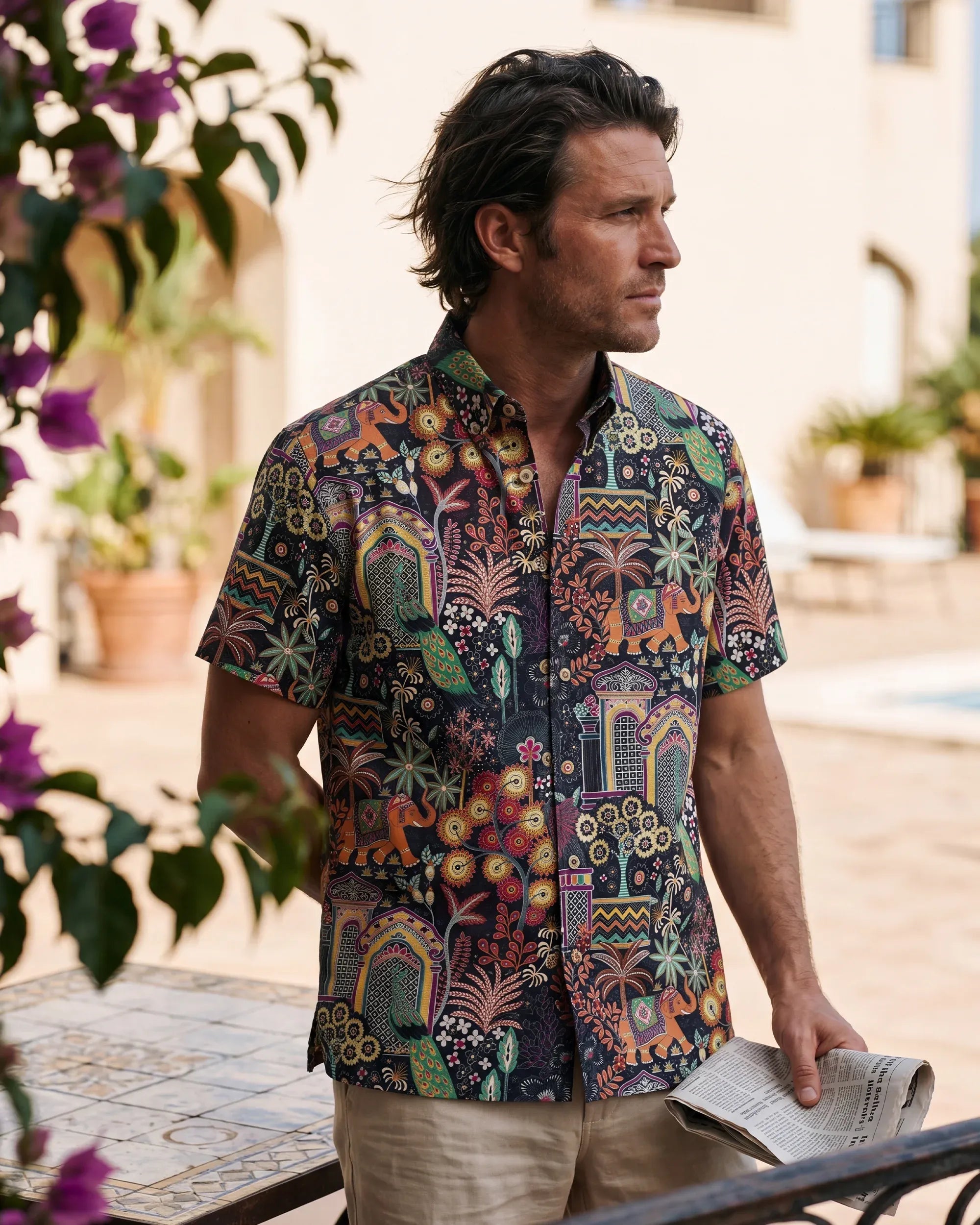 Chemise hawaïenne pour homme à manches courtes avec boutons 100 % coton verte Aloha Jaipur Gem par Huan huan