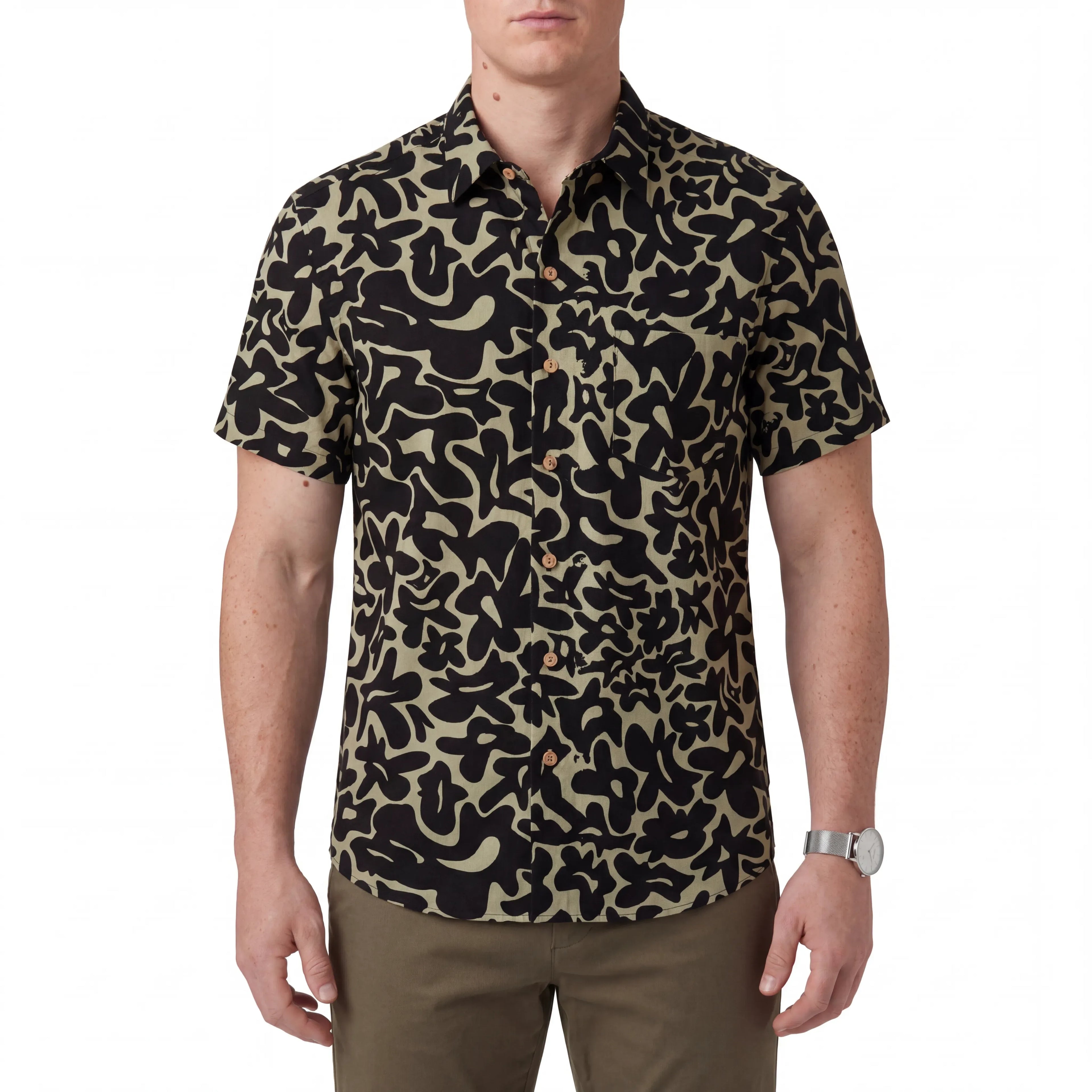 LeosWare® Men's Hawaiian Shirt Short Sleeve Button-up 100% Cotton Black Aloha Minimalist Black Brown Florals By Huan huan