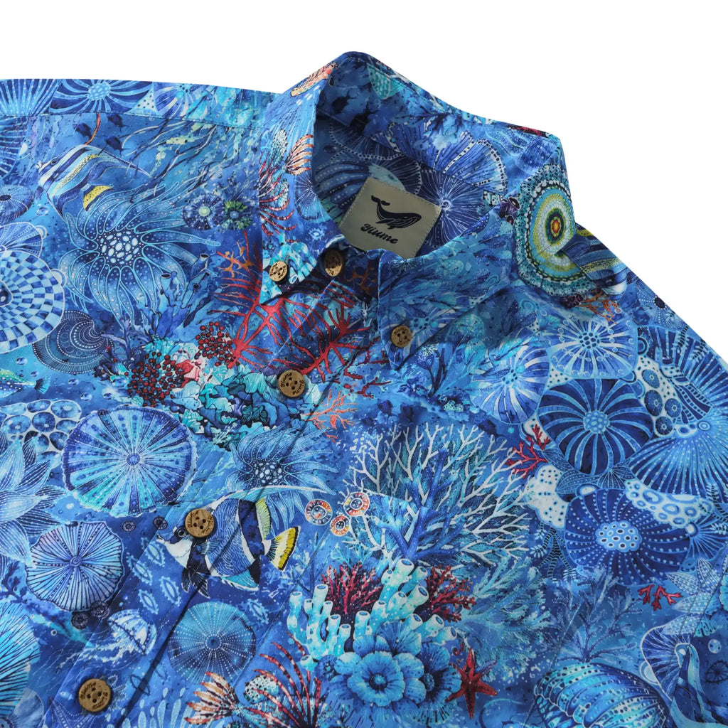 Men's Hawaiian Shirt Short Sleeve Button-down 100% Cotton Blue Aloha Watercolor Undersea Reverie By Cigar