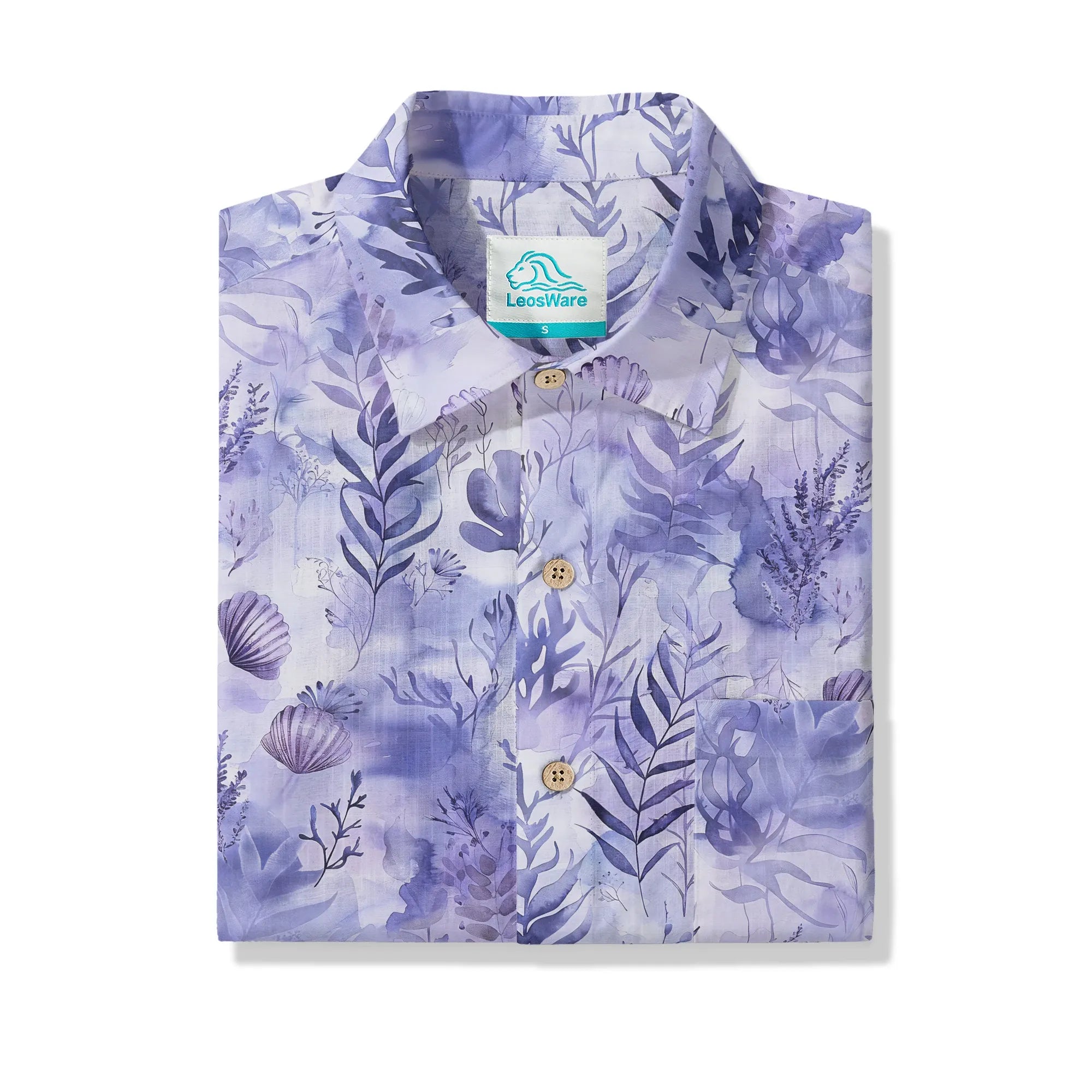 LeosWare® Men's Hawaiian Shirt Short Sleeve Button-up 100% Cotton Purple Aloha Purple Mist Seaweed By Ann