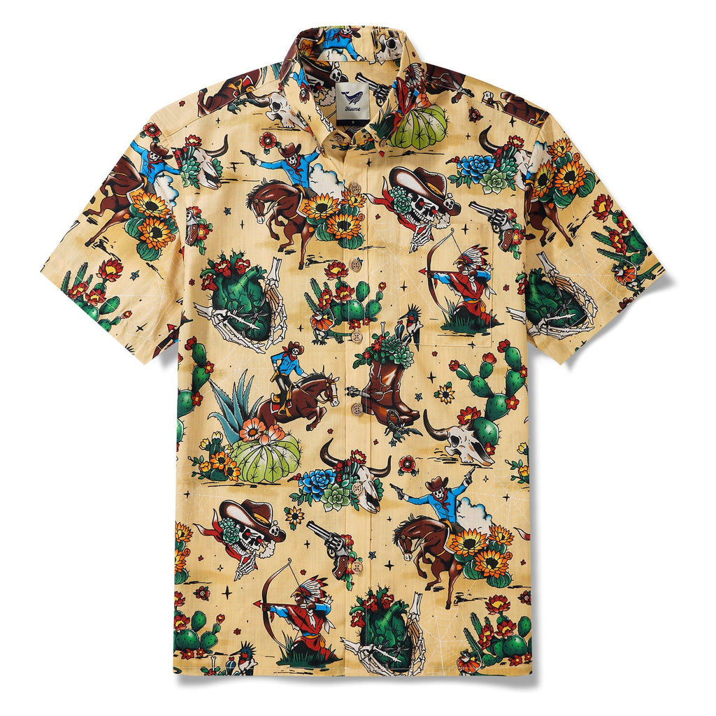 Western Cowboy Hawaiian Shirt For Men Short Sleeve Button-down 100% Cotton Desert Skull Shirt By Zeke