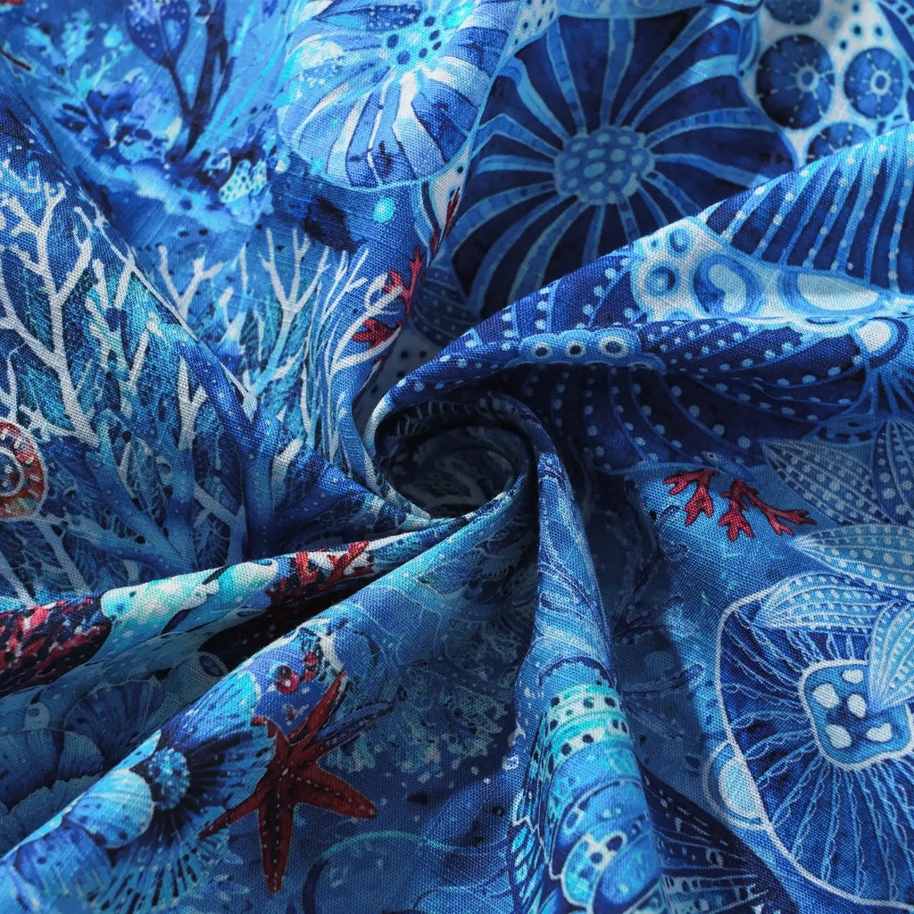 Men's Hawaiian Shirt Short Sleeve Button-down 100% Cotton Blue Aloha Watercolor Undersea Reverie By Cigar