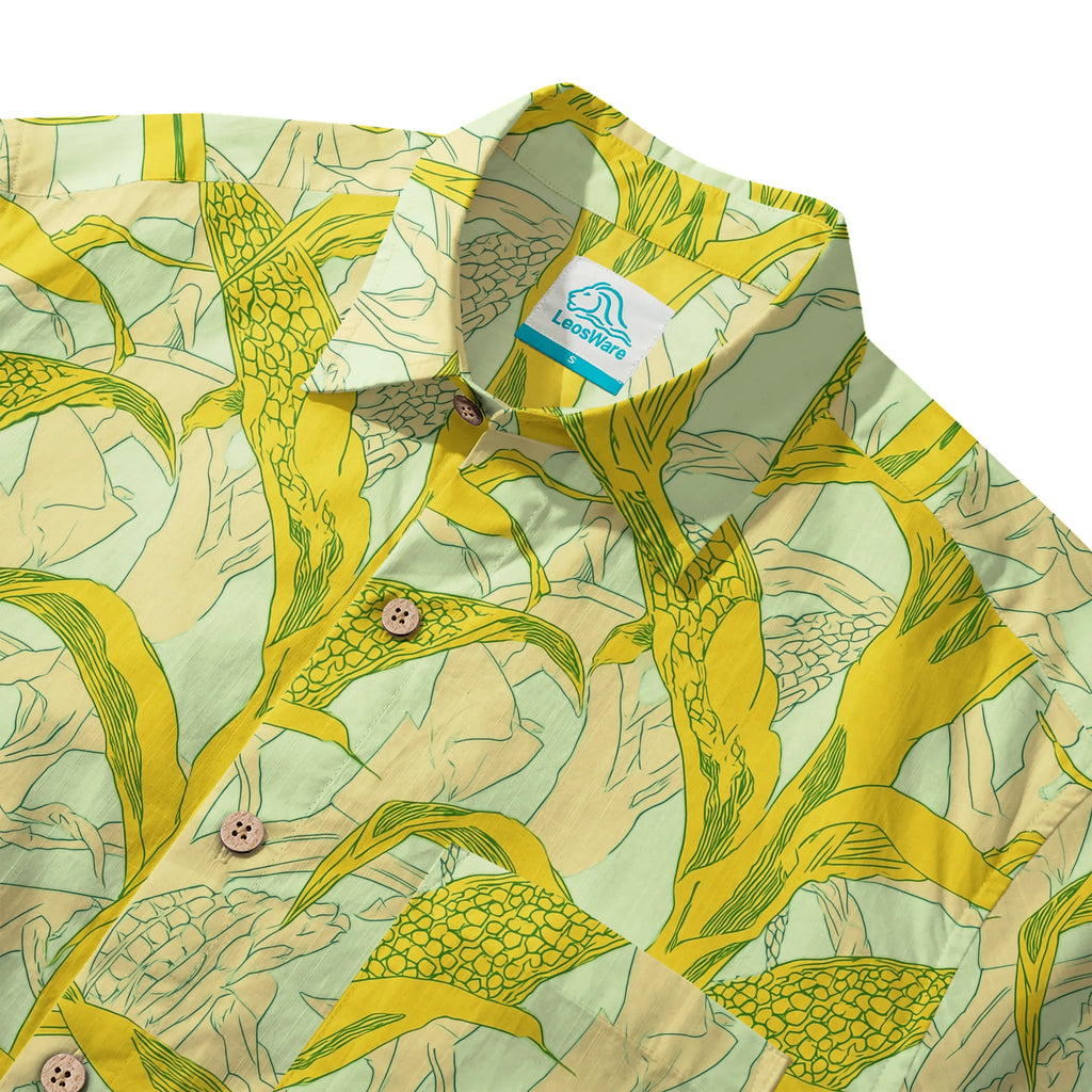 LeosWare® Men's Hawaiian Shirt Short Sleeve Button-up 100% Cotton Yellow Aloha Golden Summer Harvest By Ann