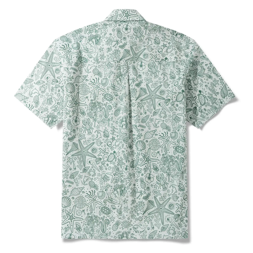 Men's Hawaiian Shirt Short Sleeve Button-down 100% Cotton Green Aloha Coastal Doodle - Sage green By Huan huan