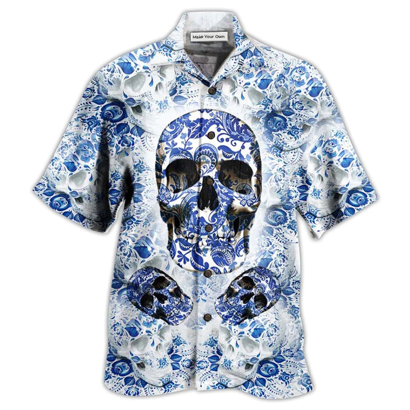 Skull Love Life Blue White - Hawaiian Shirt