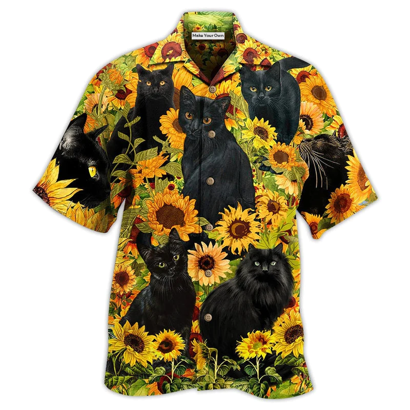 Black Cat Love Sunflower - Hawaiian Shirt
