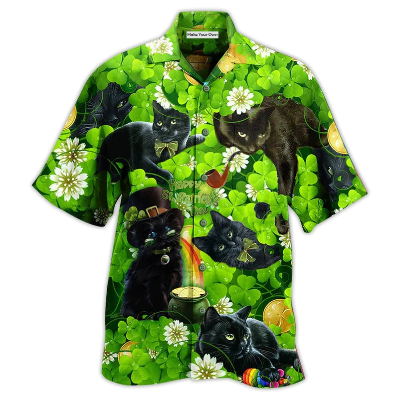 Black Cat Love Green Leaf - Hawaiian Shirt
