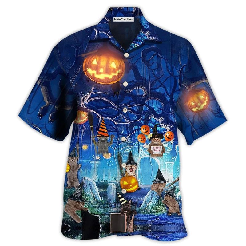 Halloween Night Cat Blue - Hawaiian Shirt