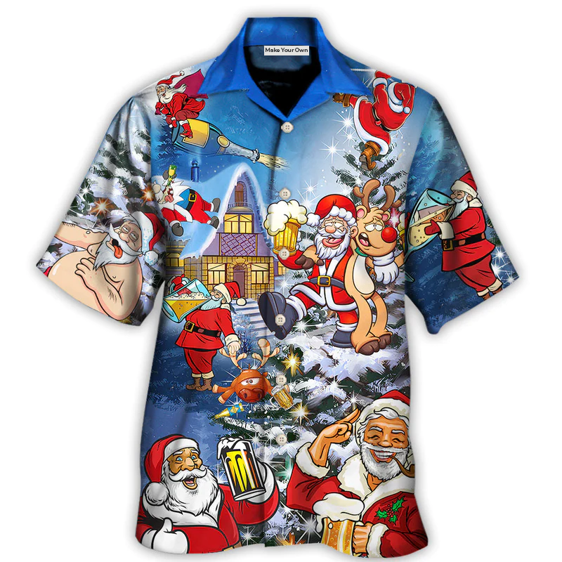 Christmas Funny Santa Claus Drinking Beer Troll Xmas - Hawaiian Shirt