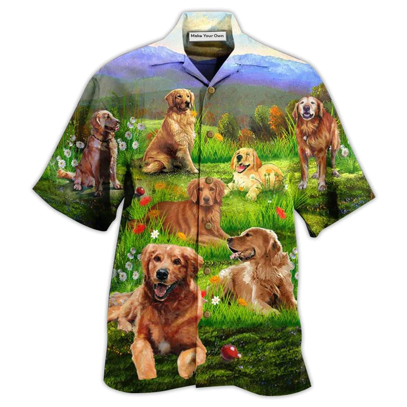 Golden Retriever Love Play The Beautiful Grass - Hawaiian Shirt
